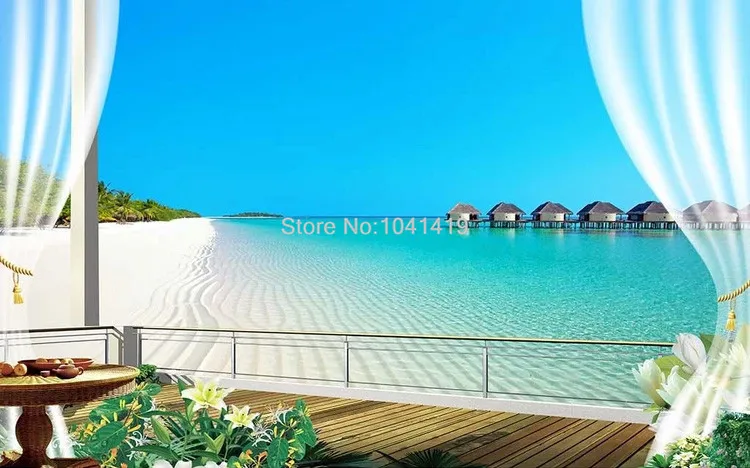 На заказ настенные фрески HD балкон Maldives вид на море фото обои Гостиная ТВ диван тема отель фон настенный Декор 3D обои