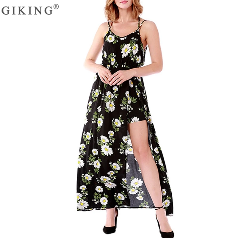 GIKING Women Floral Print Summer Dress High Split Fake 2 Pieces Sexy Shorts V-neck Maxi Party Boho Spaghetti Strap Vestido | Женская