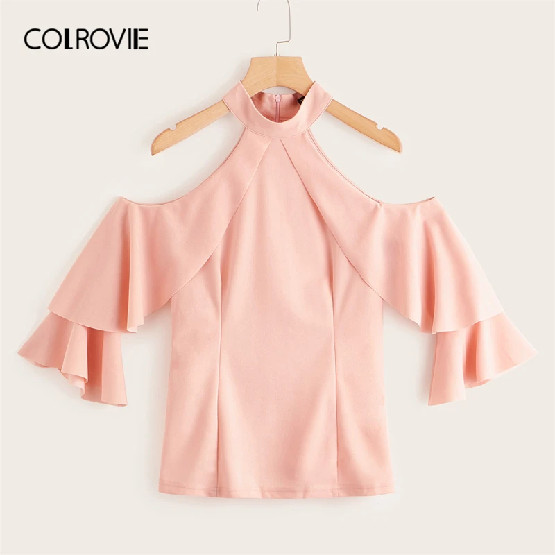 Женская блузка с рюшами COLROVIE розовая Элегантная лямкой на шее и Расклешенным