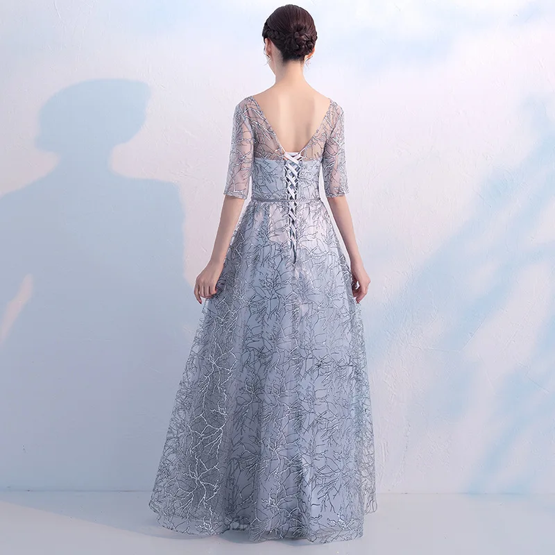 Длинные Серые вечерние платья новинка 2019 элегантные кружевные А силуэта с