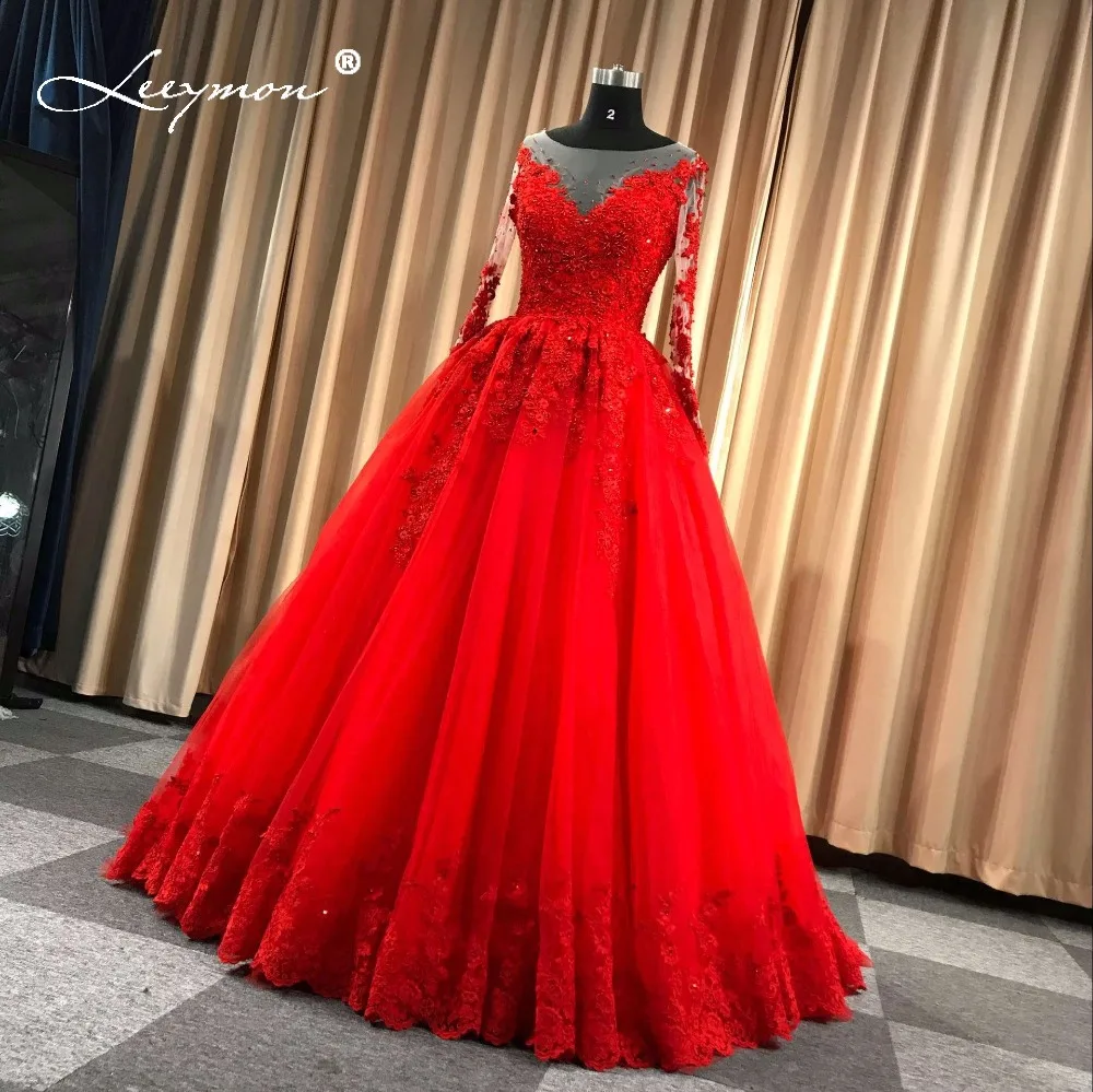 Leeymon красное свадебное платье с длинными рукавами кружева 2019 Sheer Backless Robe de Mariage