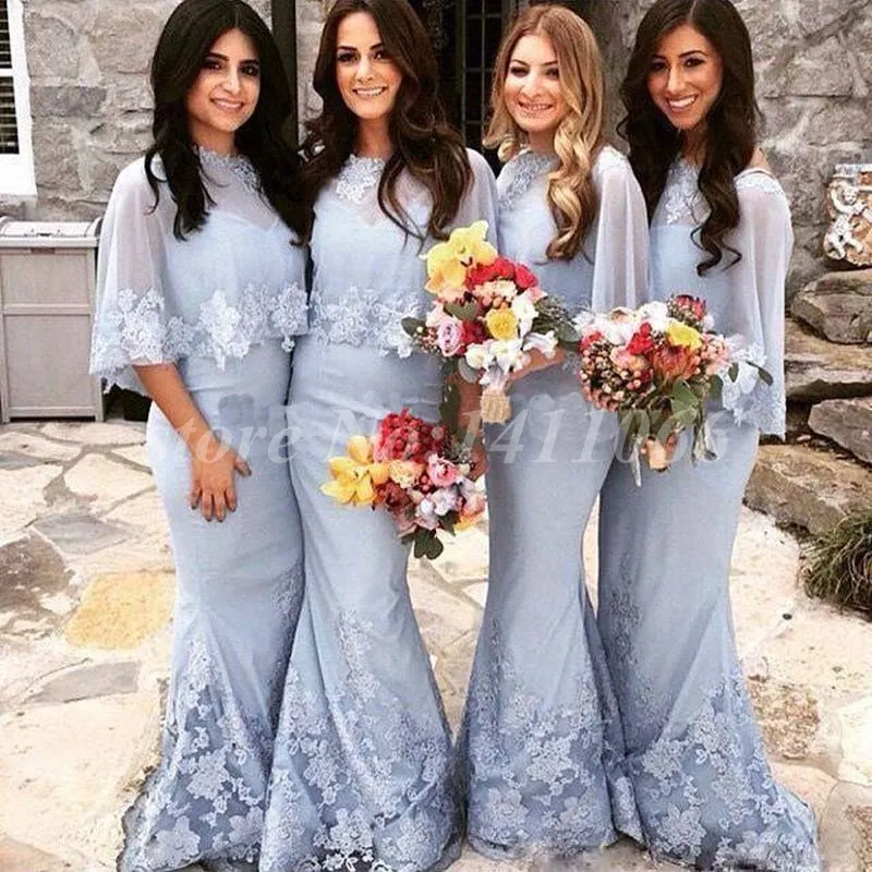 Elegant 2016 New Sexy Free Jacket Blue Applique Lace Mermaid Organza Long Bridesmaid Wedding Party Dress vestido de festa Custom | Свадьбы и