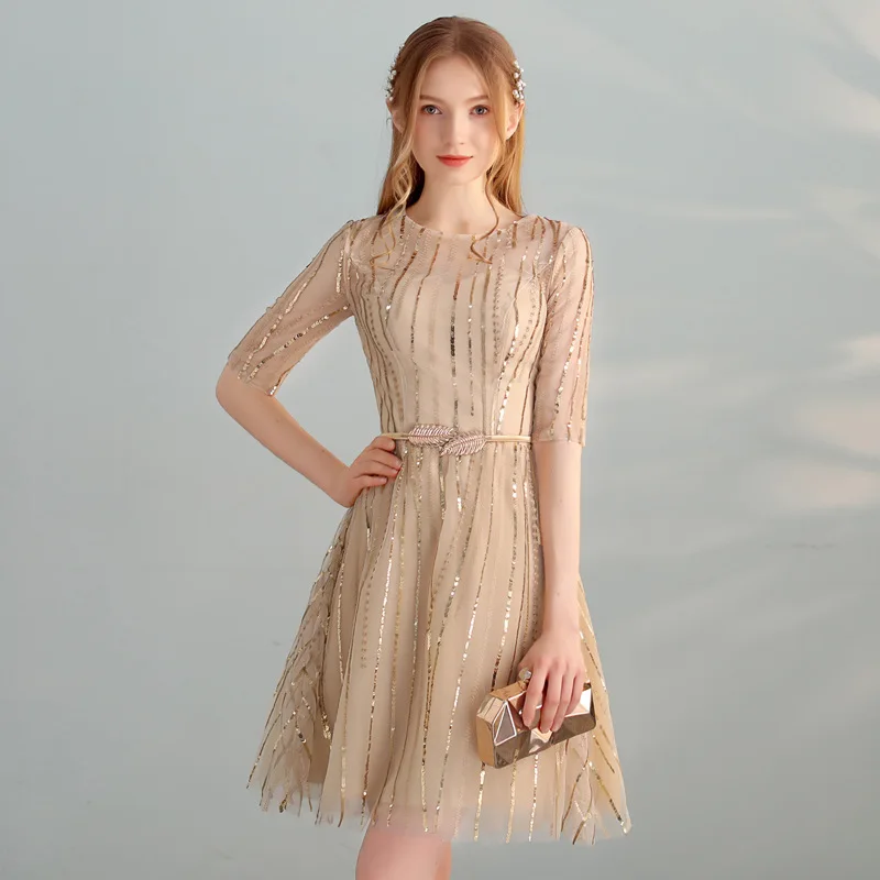 Vivian's Bridal 2018 Блестки Золотые листья пояса женское короткое вечернее платье