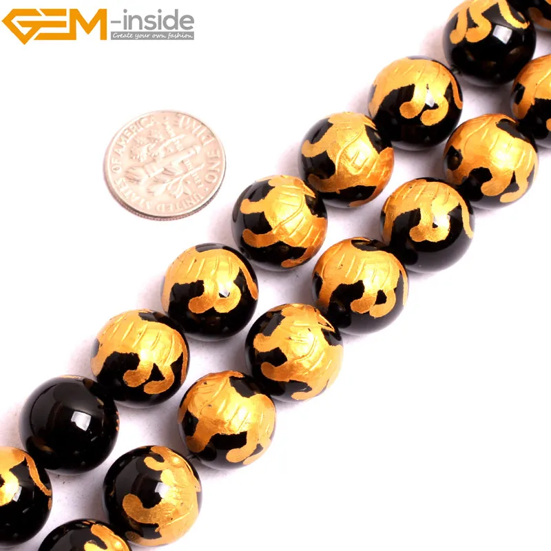 Gem-inside 10-14mm Round Gold Carved Dragon Turtle Tiger Phoenix Black Agate Beads For Jewelry Making 15&quot DIY | Украшения и