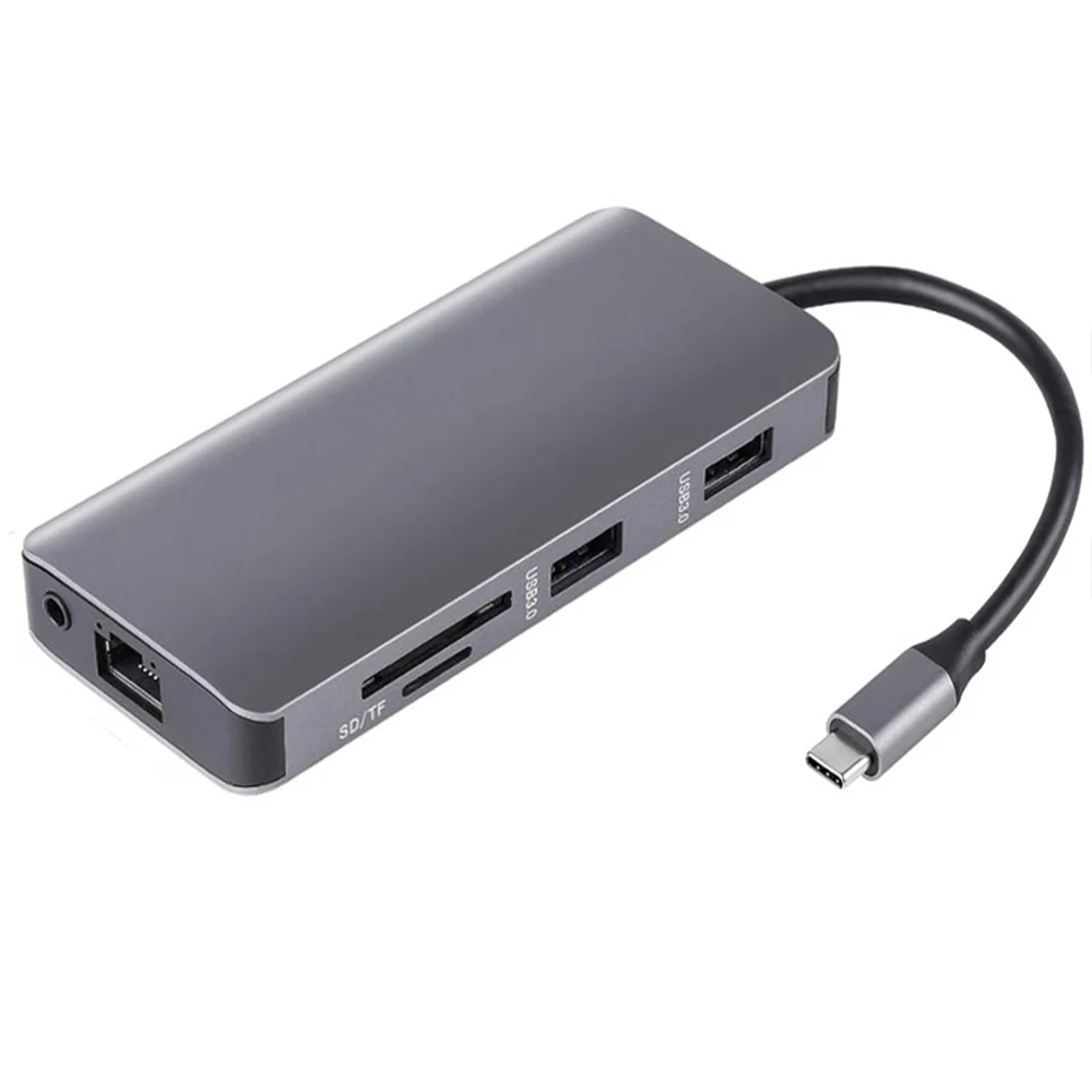 9 в 1 USB-C концентратор типа C до 3,5 мм аудио микрофон 4 к HDMI VGA RJ45 lan-адаптер с usb-разъемом 3,0 SD TF кардридер type C зарядка PD адаптер концентратор - Цвет: Серый