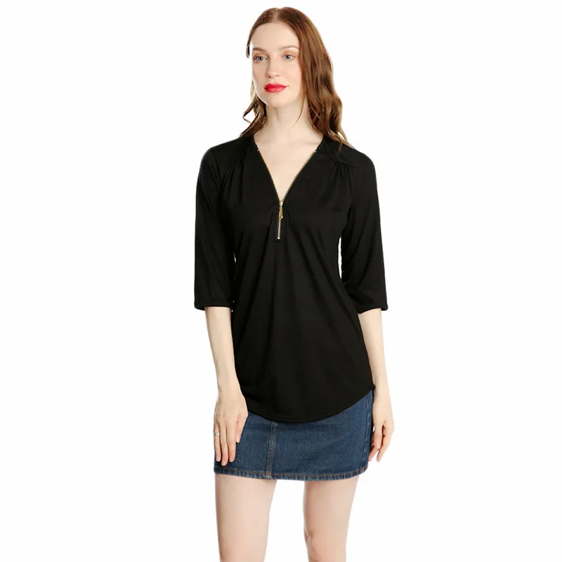 Women Summer Top V Collar Zipper Half Sleeves Loose Shirt Irregular Hem Casual T Shirts For Colth | Женская одежда