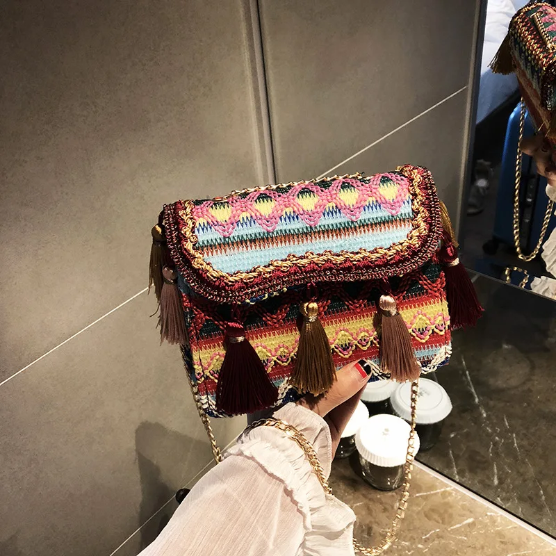 Мини-сумка на плечо женская с кисточками пляжный Плетеный дорожный саквояж