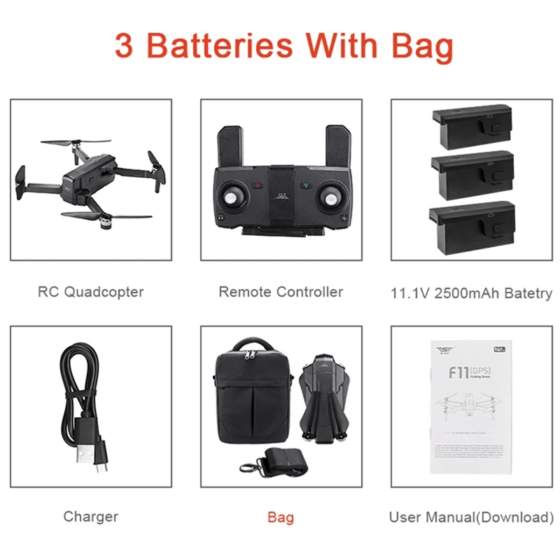 3 batteries with bag SJRC F11 PRO gps 5G Wifi 500 m FPV с 2 K широкоугольной камерой 28 минут время полета бесщеточный складной Радиоуправляемый Дрон Квадрокоптер RTF - Цвет: 3 batteries with bag
