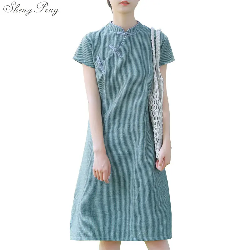 

Женское винтажное платье из хлопка и льна, традиционное китайское Привлекательное платье Ципао с воротником-стойкой, V980, лето 2021