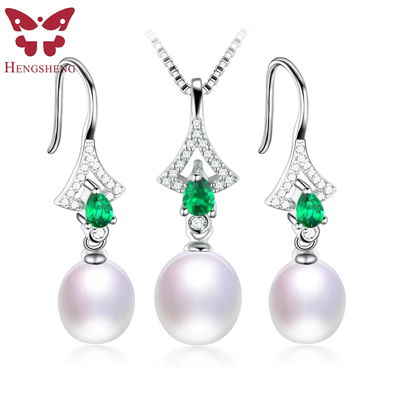 Real Natural Pearl Jewelry Set Women Beautiful Green Zircon High Luster White/Pink/Purple/Black Drop Pendant&earrings|pearl jewelry set|jewelry