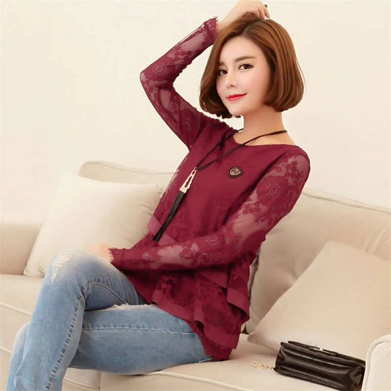Плюс Размеры M-4XL Blusas Для Женщин Осенние Топы Кружевная рубашка Блузка с длинными рукавами красные рубашки кружева топы, женские блузки, Blusas Femininas R2194