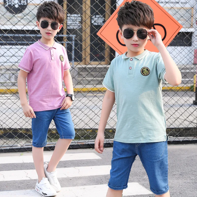 Fashion Summer Clothes for Kids Sollid Turn-down Collar Shirts + Blue Denim Shorts Teenage School Boys Sport Suit Purple/Green |