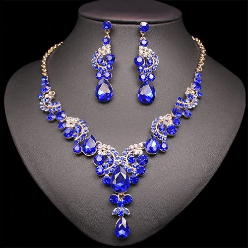 2 pcs suit dark blue Модный, индийский, свадебный набор серег ожерелье Дубай роскошный кристалл свадебные комплекты ювелирных изделий золотой цвет женский костюм Ювелирные изделия Подарки - Окраска металла: 2 pcs suit dark blue