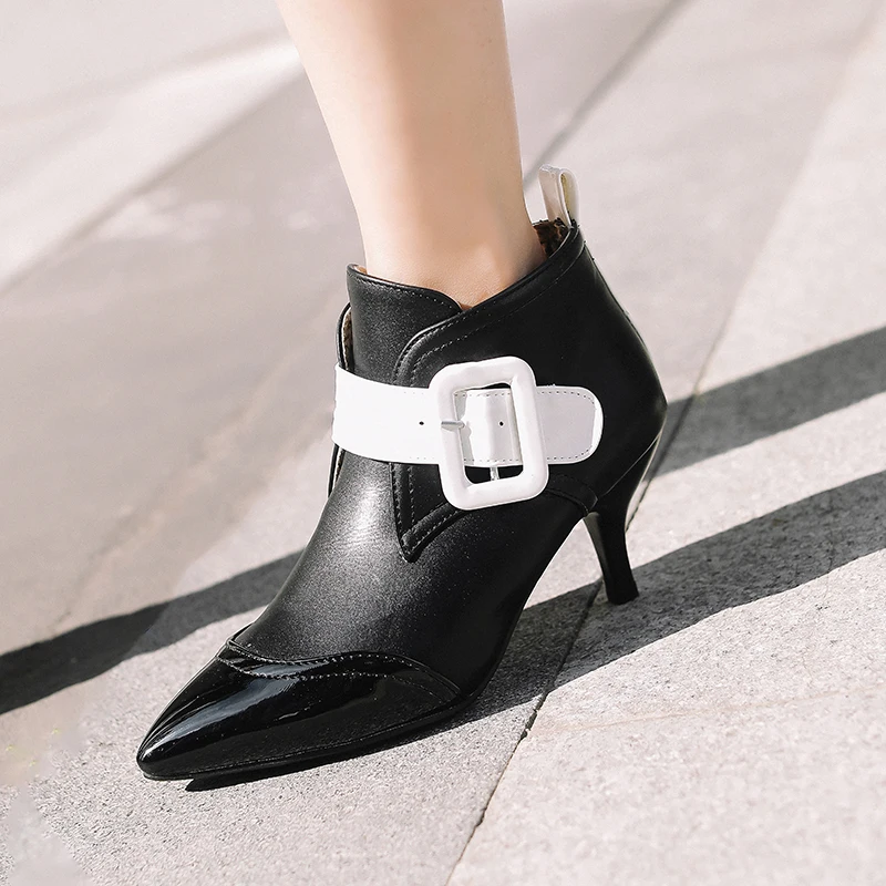 QUTAA Patent Leather Mixed Color Buckle Strap Women Shoes Autumn Winter Sexy Thin Heel Pointed Toe Ankle Boots Size 34-43
