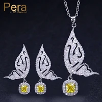 pera trendy silver colour big butterfly shape yellow cubic zirconia necklace and earrings set for women party jewelry j227