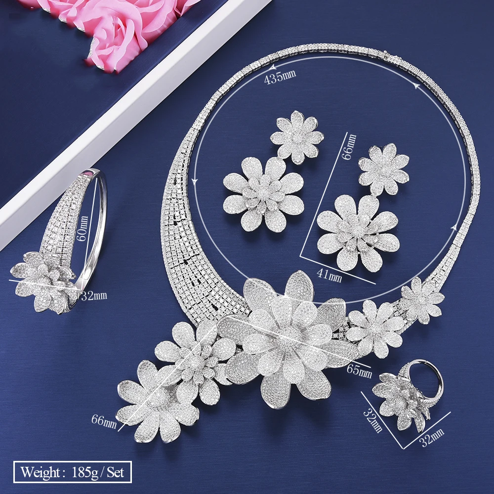 

missvikki Romantic Bridal Wedding Blooming Flowers Bangle Earring Necklace Ring Jewelry Set For Women Valentine's Birthday Gift