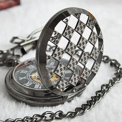Featured Mesh Dice Embossed Mechanical Pocket Watch Retro Steampunk Manual Winding Clock Gift with Chain Men's Watch