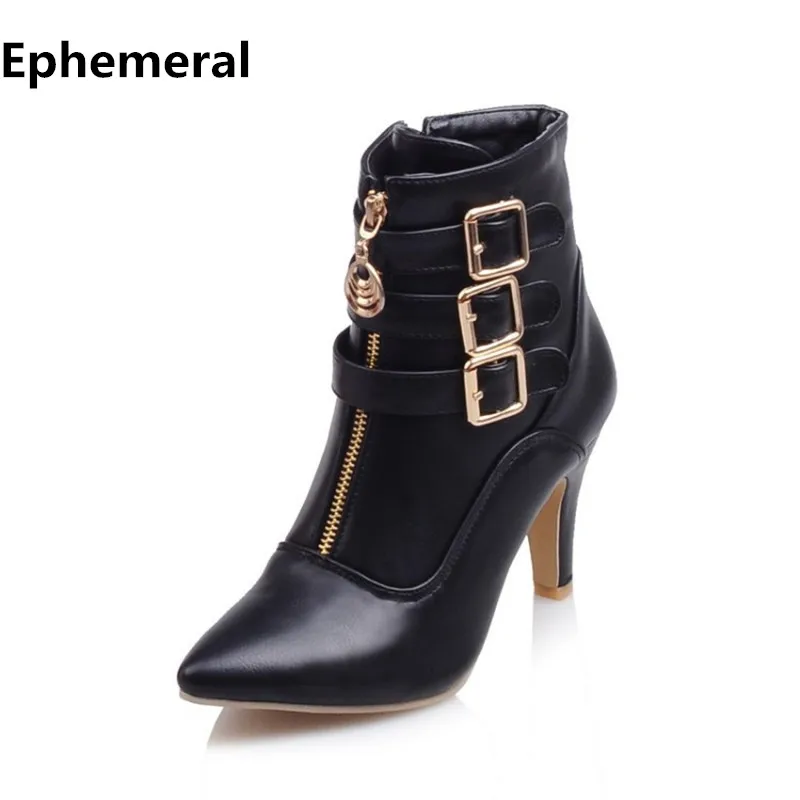 Женские кожаные ботинки с мехом ботильоны на высоком каблуке острым носком и