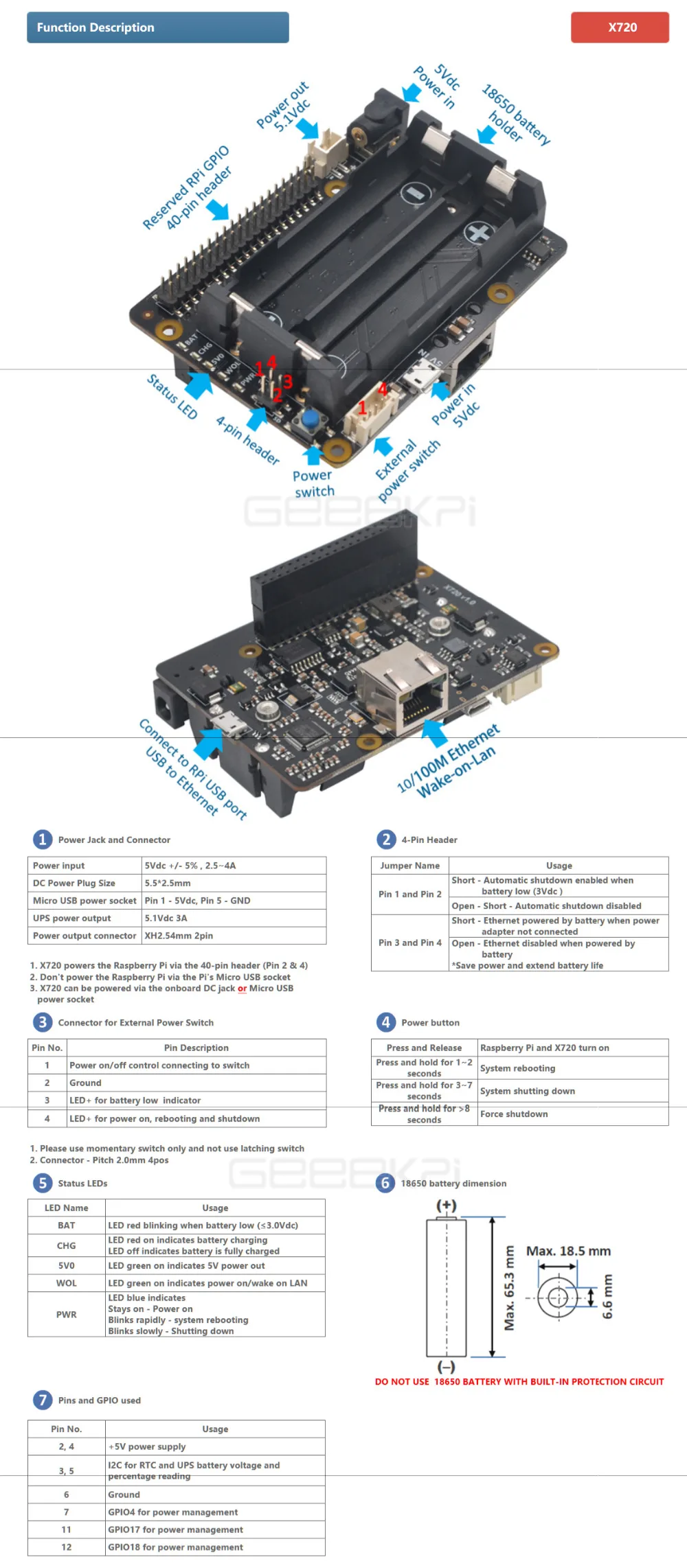 GeeekPi X720 плата управления питанием и UPS шляпа(18650 мощность) безопасное выключение Алюминиевый Чехол Плата расширения для Raspberry Pi 3B+/3B