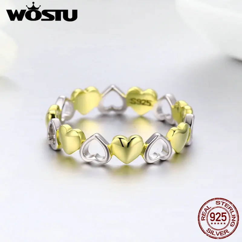 WOSTU Настоящее серебро 925 пробы штабелируемое Золотое кольцо с сердцем для женщин