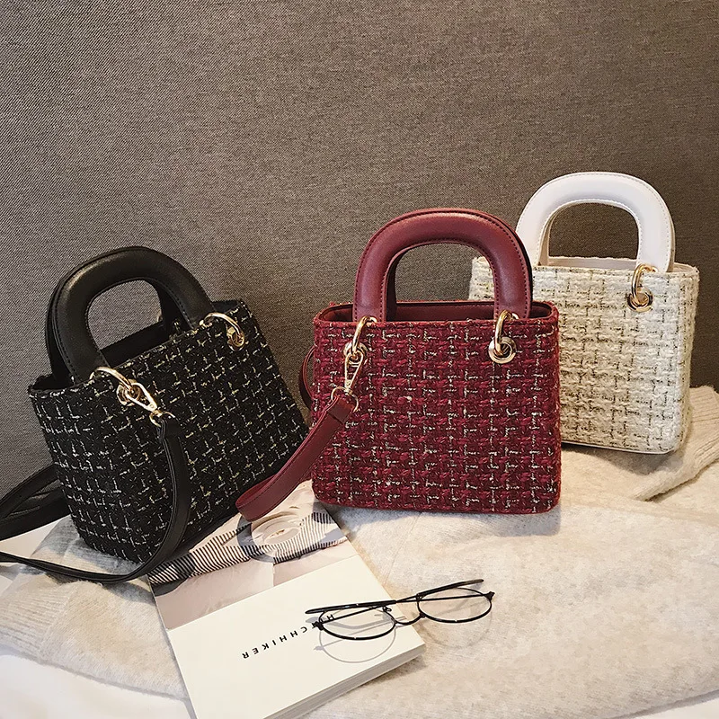 

FEMALEE European Style Women Tweed Shoulder Bag Female Autumn Designer Sac Luxury Woolen Vintage Lady Tote Party Wedding Handbag