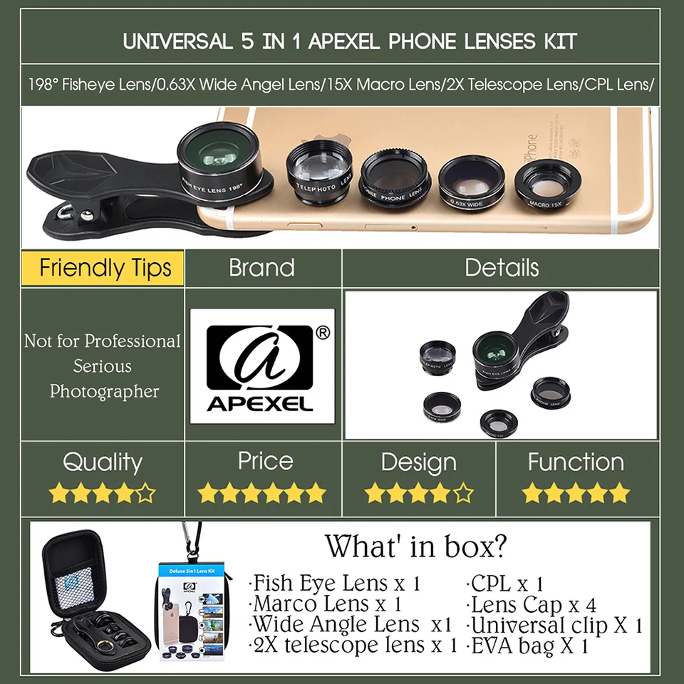 Ulanzi Universal 5in1 комплект телефон объектива смартфон рыбий глаз + Широкий Ангел 15X