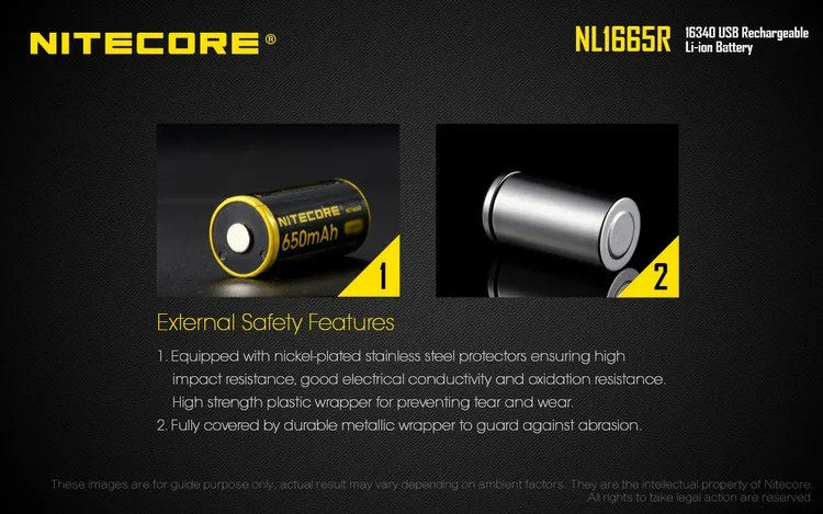 NITECORE NL1665R 650mAh 16340 CR123 встроенный микро-USB порт зарядки литий-ионный аккумулятор 3,6 V 2,34 WH высокая производительность