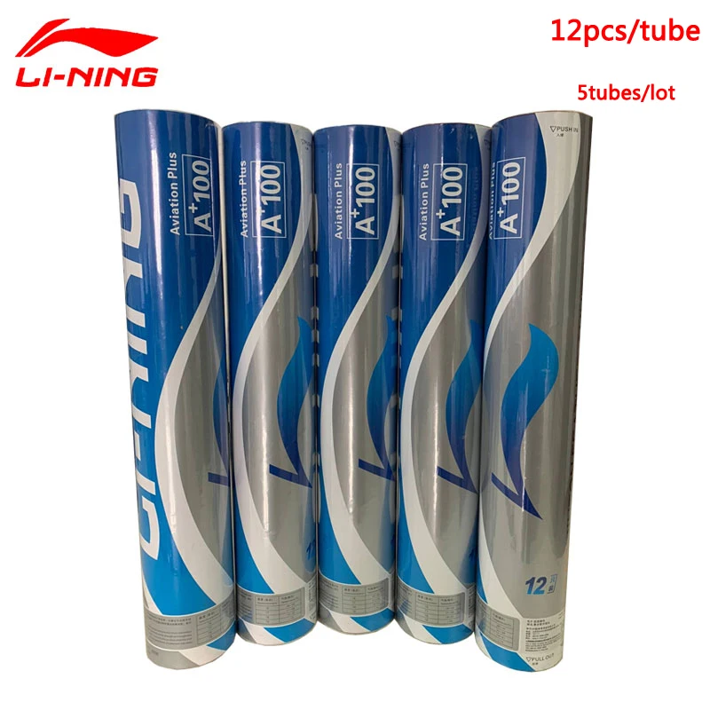 60Pcs=5tubes Li-Ning A+100 Badminton 77" Tournament Level Shuttlecock Badminton 12 Pcs/Tub Goose Feather Sports Ball A 100