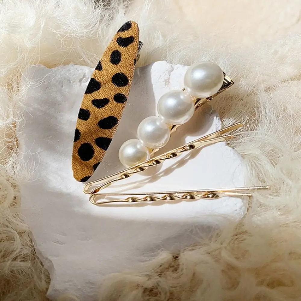 

4PCS Fashion Metal Imitiation Pearl Hair Clips for Women Hairgrip hair Barrette Hair Accessories Mohair Leopard Hairpins