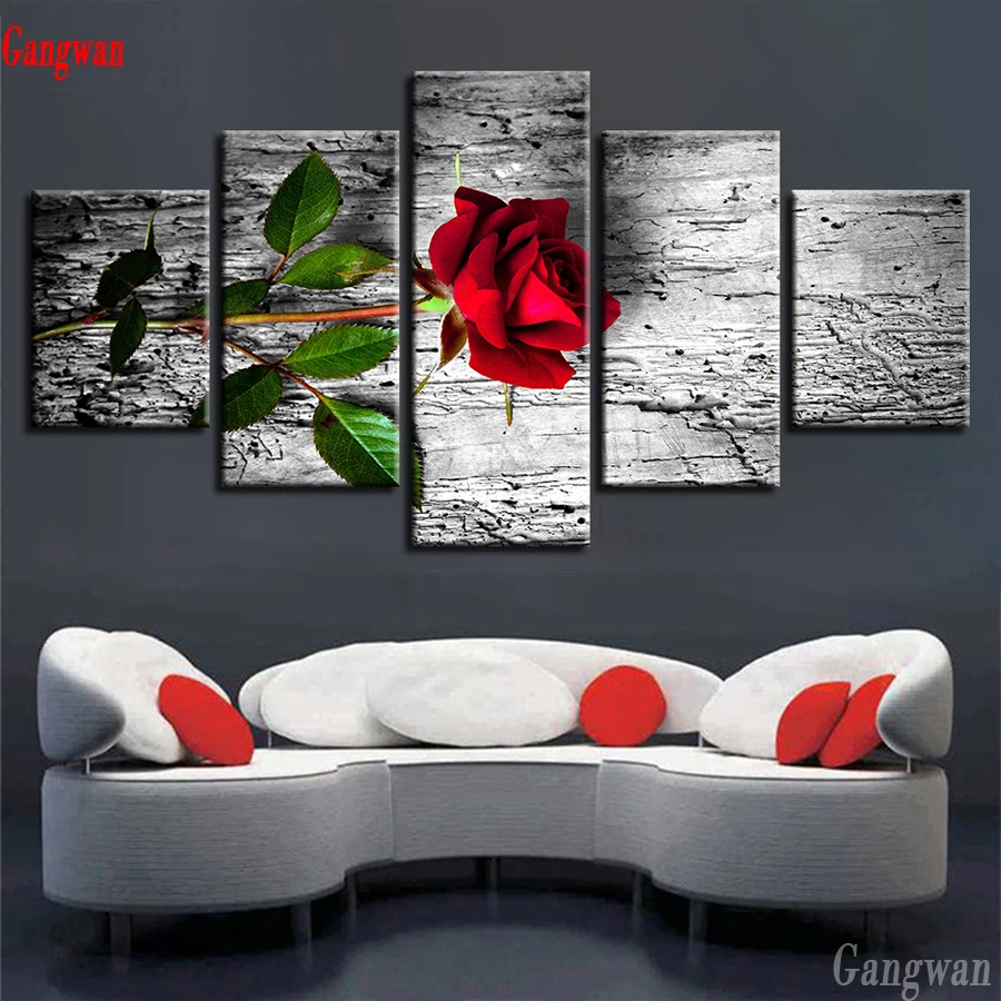 

diamond embroidery 5 Pieces Beautiful red rose pattern Modular decoration cross stitch diamond painting black white art mosaic