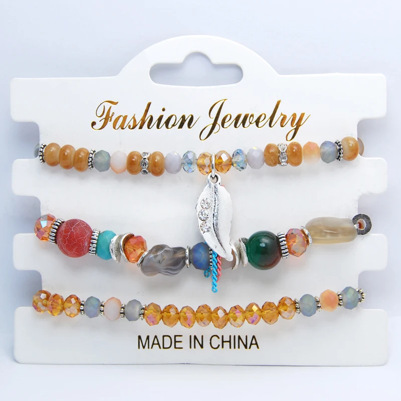 

3PCS/Set Boho Crystal Beads Bracelets For Women Tassel Leaf Silver Charm Bracelet Bangle Femme Jewelry Wholesale pulseras mujer