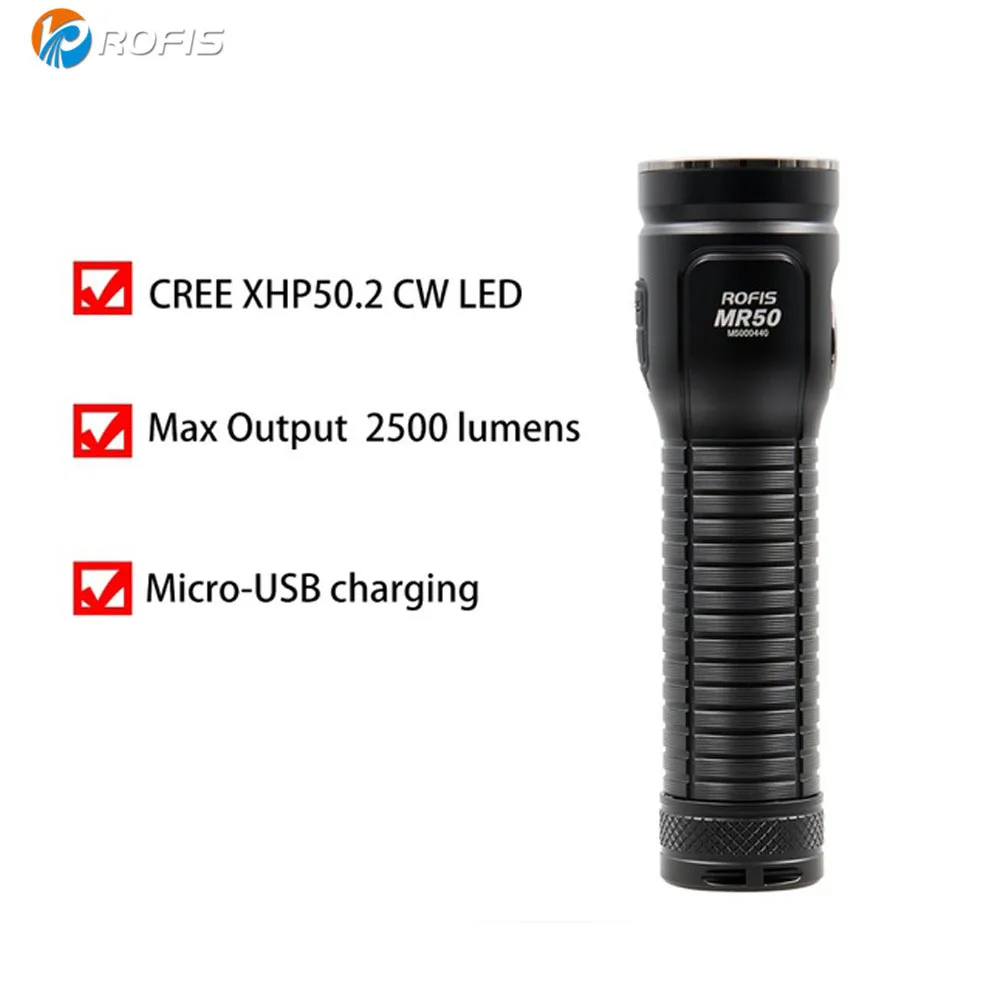 Rofis MR50 USB аккумуляторная фонарик CREE XHP50.2 CW Макс 2500 люмен ручной фонарь с 21700 5000 мАч