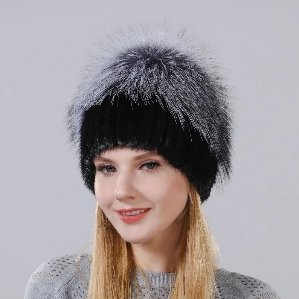 New Style Female Mink Fur Cap Fluffy Silver Fox Part More For Women Winter Warm Hat Knitted Mink With Fox Fur On The Top Cap Hat