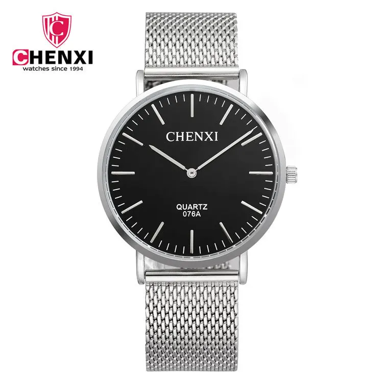 Мужские кварцевые часы CHENXI из нержавеющей стали с сетчатым ремешком Серебристые