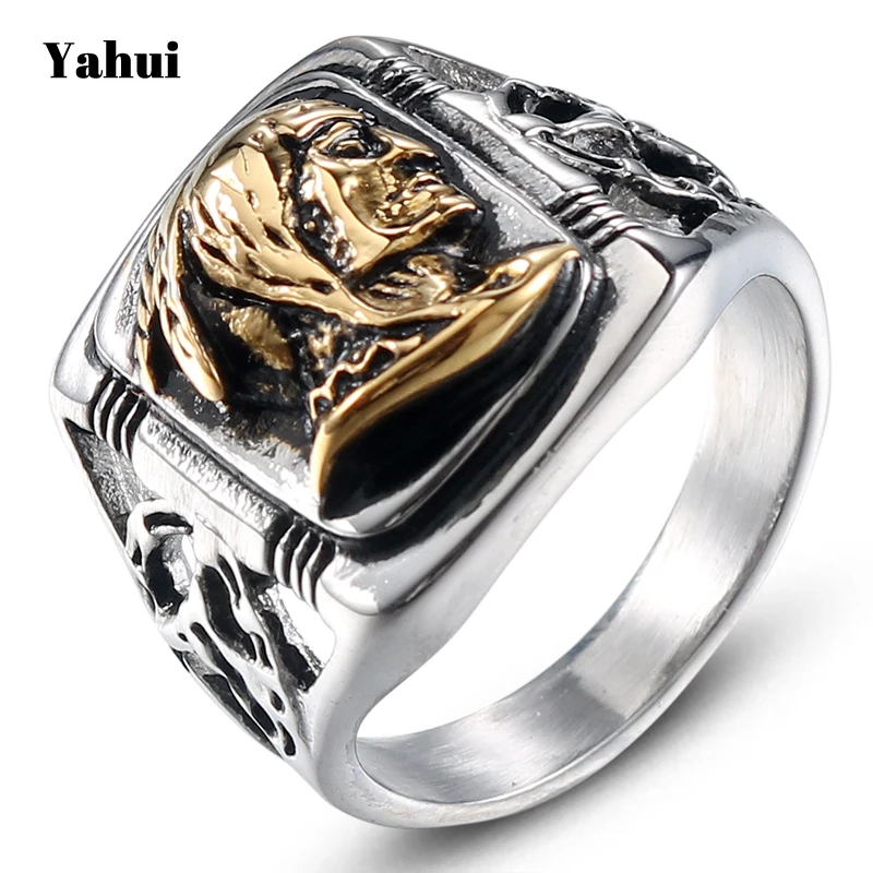 Мужское кольцо из нержавеющей стали YaHui байкерское золотое и черное с головой - Фото №1