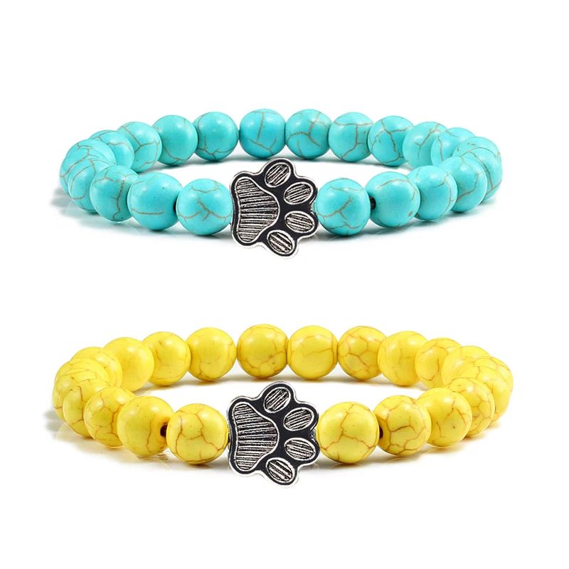 Colorful Natural Stone Paw Print Charm Beaded Bracelets For Women Men Pet Memorial Couple Jewelry Yoga Bracelet Gifts