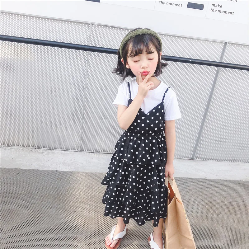 2019 Summer New Arrival korean style cotton all-match short sleeve t-shirt with suspender dot pattern dress for cute baby girls | Детская