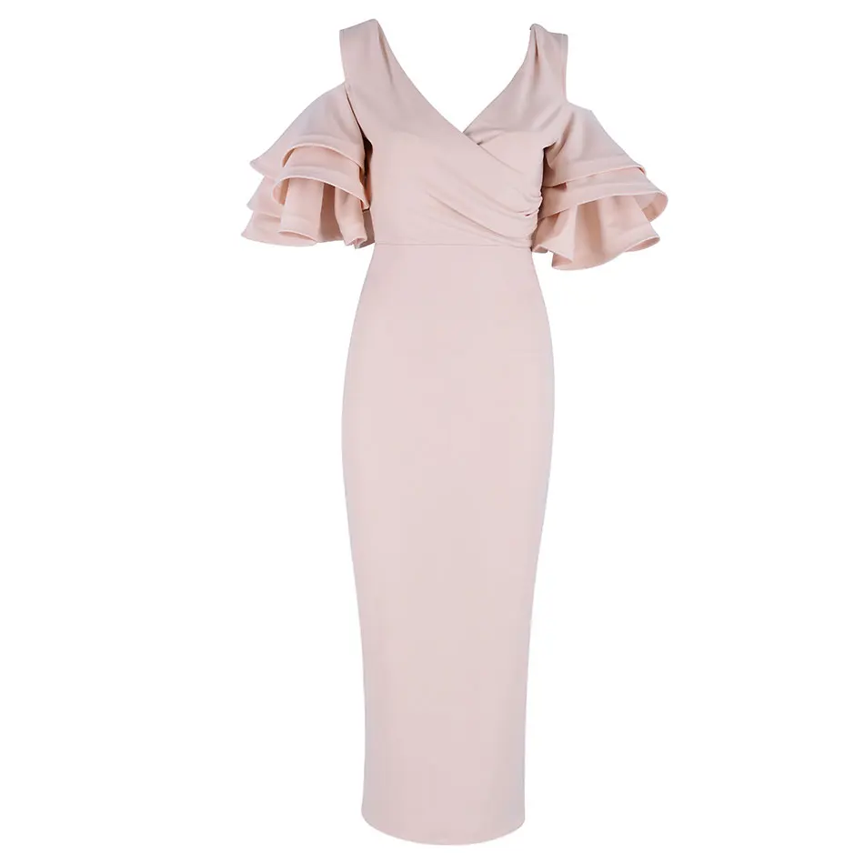 DressBird Women Summer Bodycon Party Dress Vestidos Sexy V Neck Ruffles Sleeve Red Black Celebrity Clubwear Dress Vestidos - Цвет: Apricot