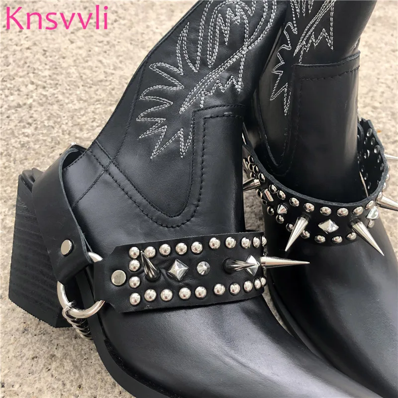 New Embroidery Western Cowboy Boots Woman Rivets Slingback Black Leather Metal Chain Chunky High Heels Motorcycle Shoes Women | Обувь