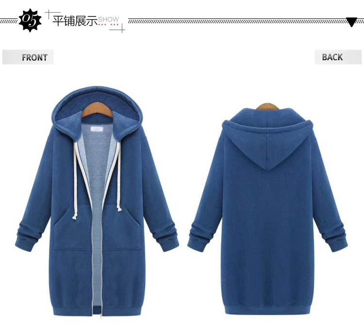 spring autumn new large size women's hooded long-sleeved Sweatshirt fleece Medium length Thick warm Cotton zipper Outerwear coat