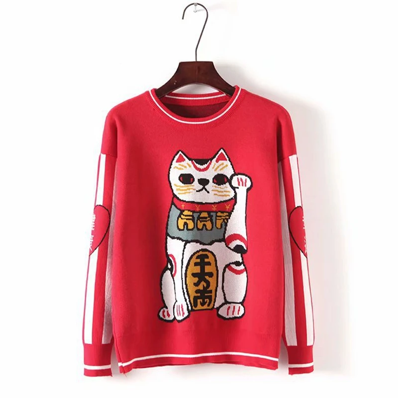 BCM Новый китайский стиль утолщенный красный пуловер 2018 весна свитер Lucky Cat хлопок
