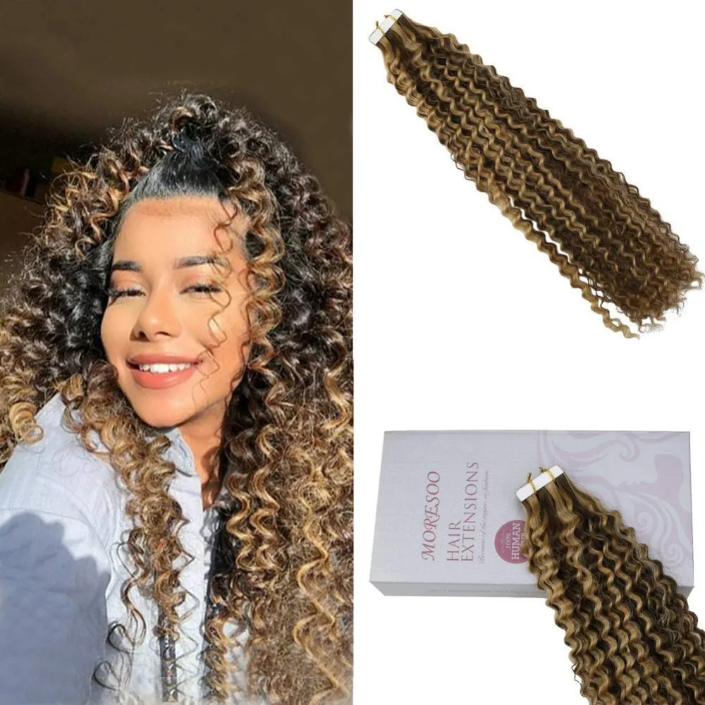 Moresoo, накладные волосы remy на ленте, кудрявые, выделенный цвет, коричневый,#4, блонд,#27, бесшовные волосы для наращивания на коже, 50 г