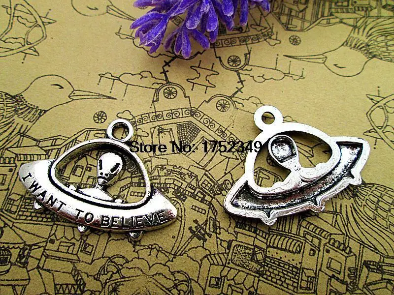 75pcs-- Alien UFO Charms Antique Tibetan silver i want to believe pendants DIY Supplies 31x24mm | Украшения и аксессуары