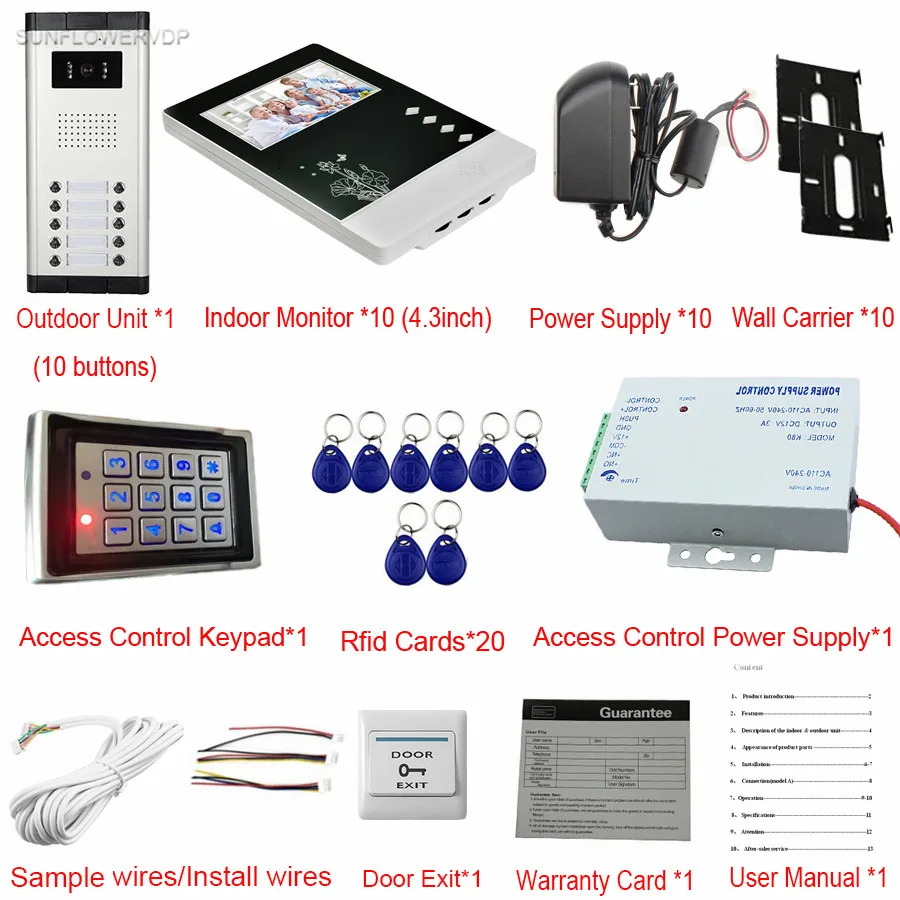 10 Units Doorphones On The Front Door CCD lens Video Call Color 4.3