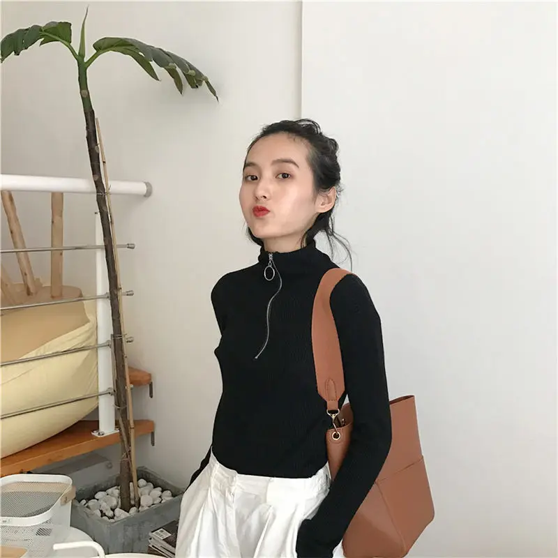 HziriP 2018 Autumn Stylish Women High Quality Knitted Turtleneck Pullover Sweet Sexy All-Match Slim Elastic Black Sweater Simple | Женская