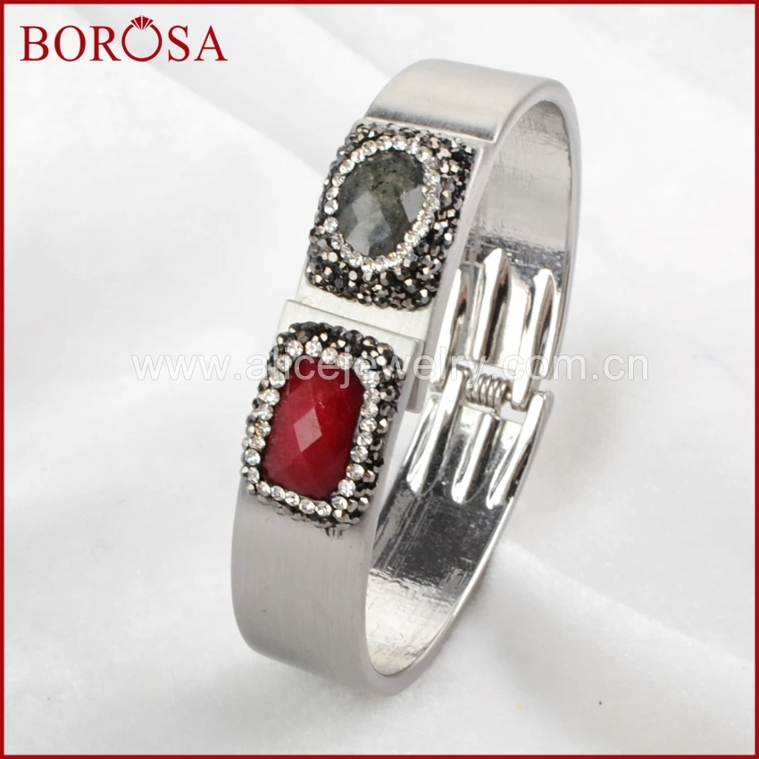 

BOROSA 3pcs multi kind stone copper bangle, double stone bead crystal rhinestone pave bangle not adjustable for women men JAB435