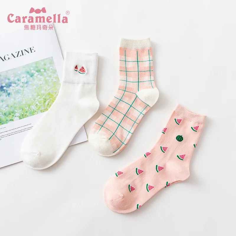 Caramella 2018 3 пары фруктовая вышивка арбуз хлопок милые рождественские теплые