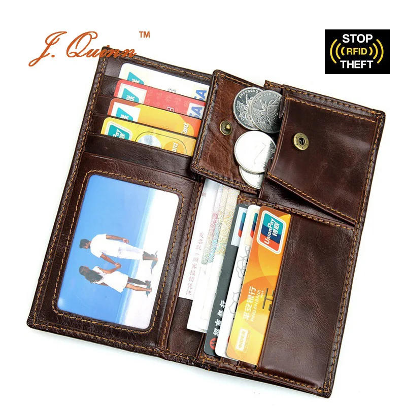

J.Quinn Long Coin Purse RFID Wallets for Men Women Bifold Genuine Cow Leather Vintage Credit Card Wallet with Zipper Business