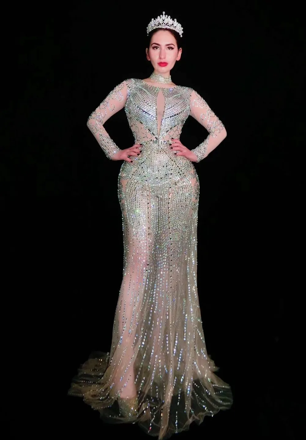 Женское прозрачное Сетчатое длинное платье сверкающие стразы платья для