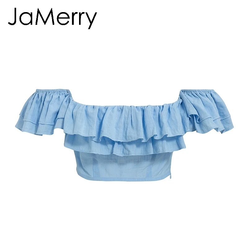 JaMerry Винтаж Лен с оборками на шнуровке Женская майка Топы sexy плеча летние плотные